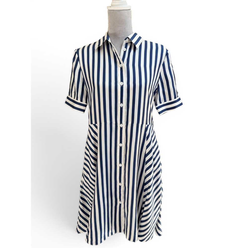 LILYSILK Shirt Dress Womens S Blue White Mulberry Silk Striped Midi Button Front